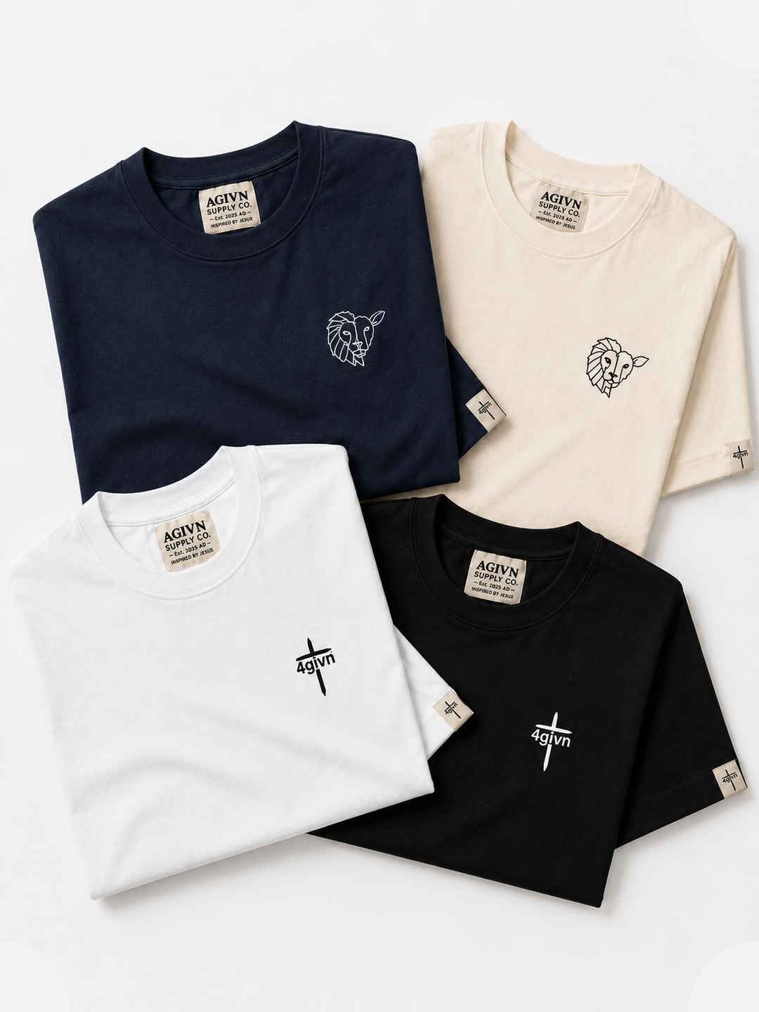 4GIVN Supply T-shirt collectie: navy, naturel, wit en zwart gevouwen t-shirts met borstlogo