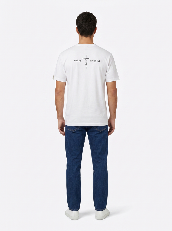 Mannelijk model draagt Walk by Faith wit T-shirt achterkant