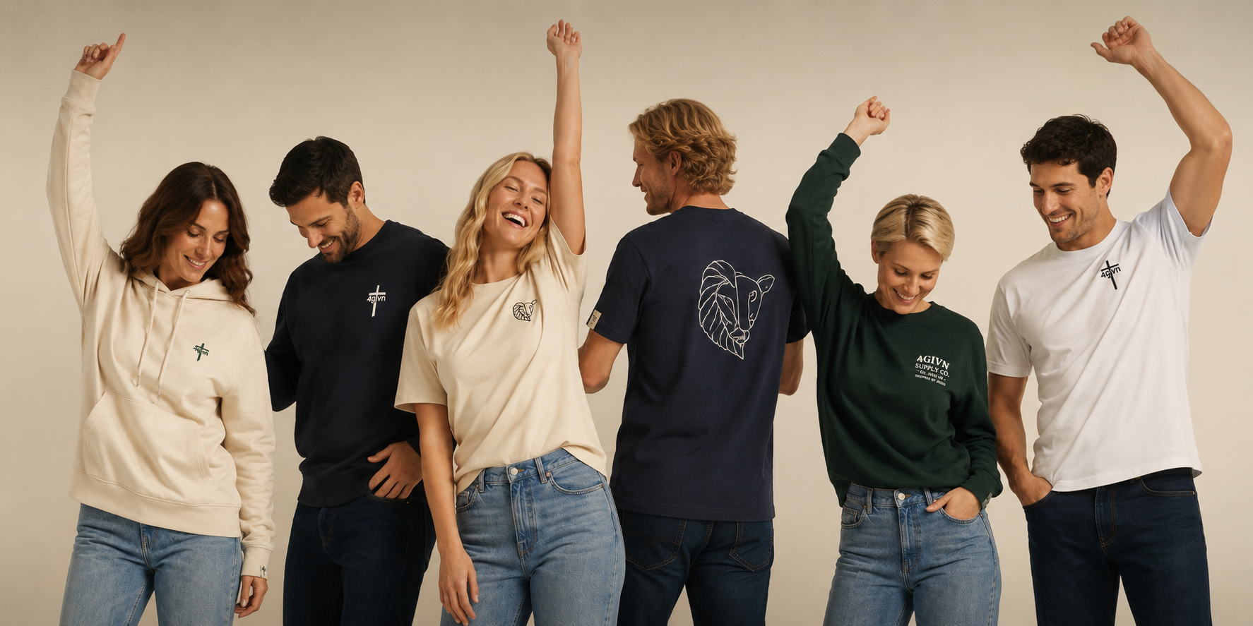 4GIVN Supply collectie, zes mensen in feestelijke pose dragen 4GIVN-kleding op warme achtergrond